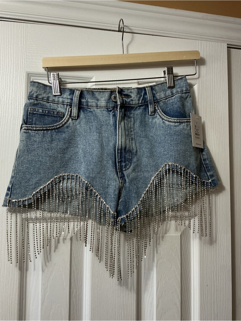 Denim Crystal Fringe Women’s Shorts - Blue